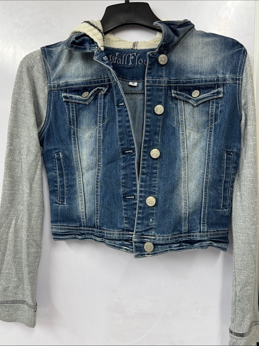 Wallflower Blue Denim Jacket with Gray Knit Sleeves jr Med